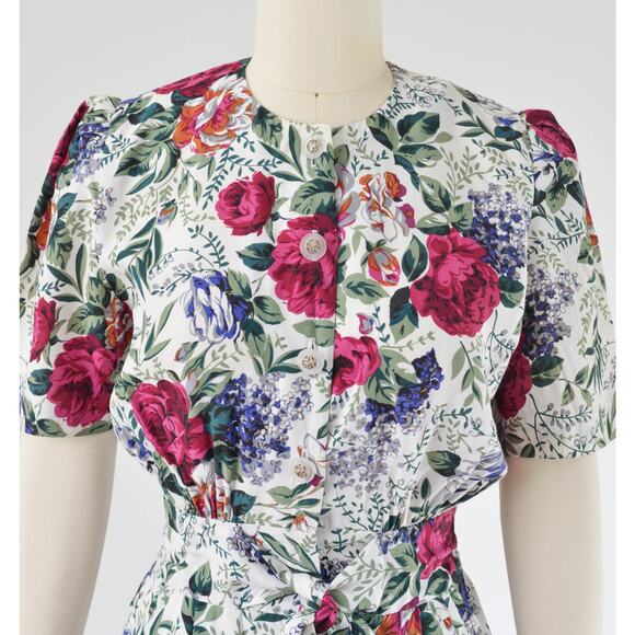 Vintage 80s White Floral Cottagecore Puff Sleeve Tie Front Dress with Pockets S - Picture 2 of 7